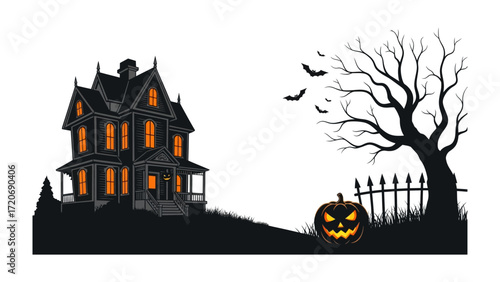 Spooky Halloween House Silhouette: The creepy house silhouetted against the dim, adorned with a jack o' lantern. A great fit for spooky design!