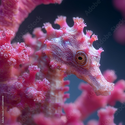 Pink Pygmy Seahorse on Coral Reef