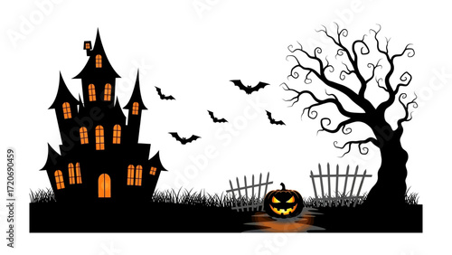 Halloween Silhouette Scene: A chilling Halloween scene, featuring a spooky silhouette of a haunted house, bats, a bare tree, and a jack-o'-lantern under the eerie moonlight.