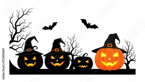 Spooky Halloween pumpkins and bats: A bewitching illustration of jack-o'-lanterns illuminated by flickering candlelights, wearing traditional witch hats, casting eerie shadows beneath a shadowy sky.