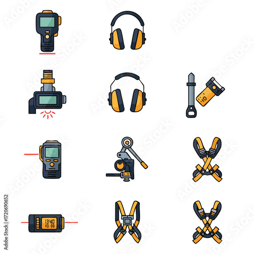 An essential compilation of modern industrial safety equipment and precise measurement tools, presented as clean vector icons for professional use.
