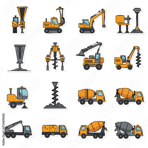 This extensive collection showcases various heavy construction vehicles and industrial machinery, rendered in a vibrant flat design style, ideal for building projects.