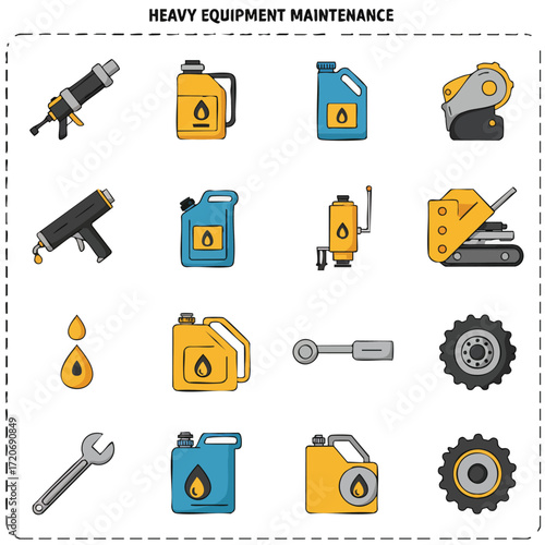 Vibrant flat design icons depict essential tools, lubricants, and components vital for heavy equipment maintenance and industrial repair.