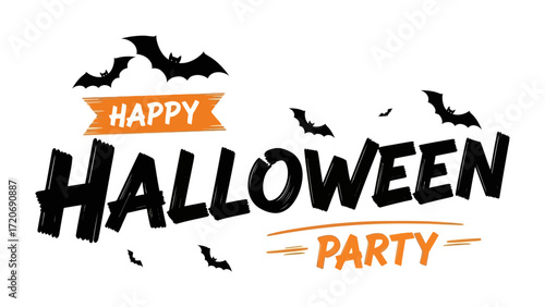 Halloween Party: A festive Halloween party invitation design, featuring a stylish Happy Halloween text, a banner and a flock of bats to create an atmosphere of spooky and joyful vibes.
