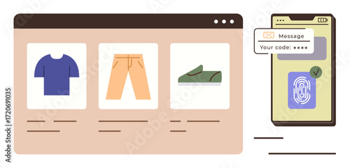 Clothing catalog in browser features shirt, pants, shoes. Adjacent smartphone displays verification message and fingerprint scan. Ideal for e-commerce, security, identity, authentication, technology
