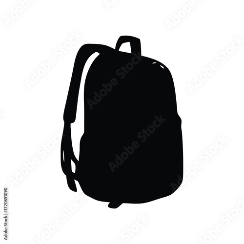 Black silhouette of a backpack with straps and a handle, isolated on white