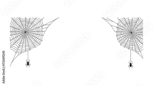 Spiderweb Symmetry: A stark black and white depiction showcases two identical spiderwebs, each with a suspended spider, creating a sense of structured horror and minimalistic design.