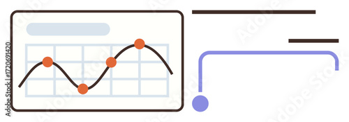 Graph with trendline and orange data points on a grid, connected to abstract network lines. Ideal for analytics, reporting, technology, business growth, progress, connection communication. Simple