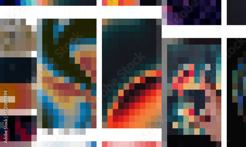 Vibrant dreamlike sunset gradient with fractal vertical glass effect in deep magenta, warm orange and soft blue tones. Nature beauty inspired glowing sunset over tranquil sea. Vector illustration