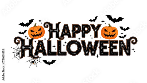Happy Halloween Wishes: A spirited and playful graphic design, showcasing the phrase Happy Halloween adorned with classic spooky symbols – pumpkins, bats.