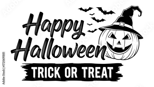 Spooky Halloween Illustration: A captivating monochrome illustration spells out Happy Halloween, complemented by a grinning jack-o'-lantern and silhouette of bats. Ready for Trick or Treat !