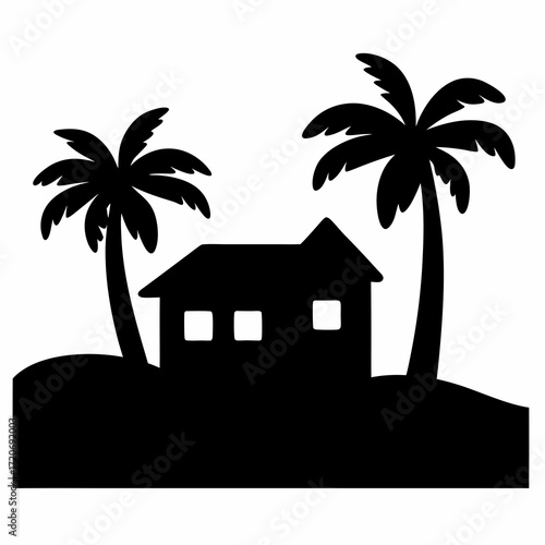 Tropical Silhouette of a House Between Two Palm Trees on an Island