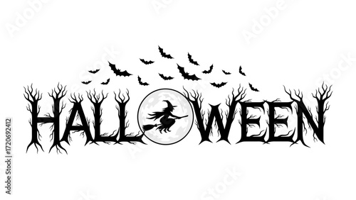 Halloween Silhouette: A haunting Halloween design featuring a silhouette of a witch flying across the moon with bats and scary trees, capturing the essence of spooky holiday spirit.