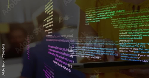 Man tapping tablet summoning code panels multiplying then condensing adjusting code in office