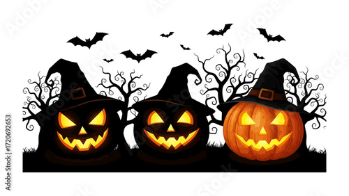 Spooky Pumpkins: Three carved pumpkins wearing witch hats under a night sky filled with bats. A whimsical and spooky scene for Halloween. 