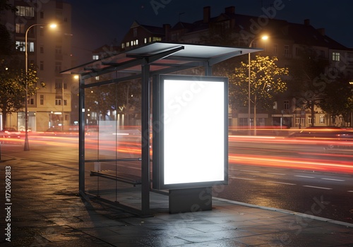 Blank white vertical digital billboard poster on city street bus stop sign at night. Street advertising bus stop mockup