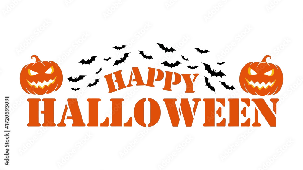 Naklejka premium Halloween Greeting Card: A classic greeting with illuminated jack-o'-lanterns, and a silhouette of bats soaring. A festive card suitable for celebrating the spooky season.