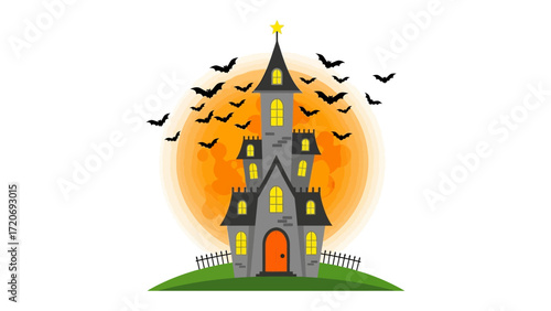 Spooky Castle on Halloween: A spectral castle rises against a vibrant orange full moon and a flock of ominous bats silhouetted, invoking the spirit of Halloween.
