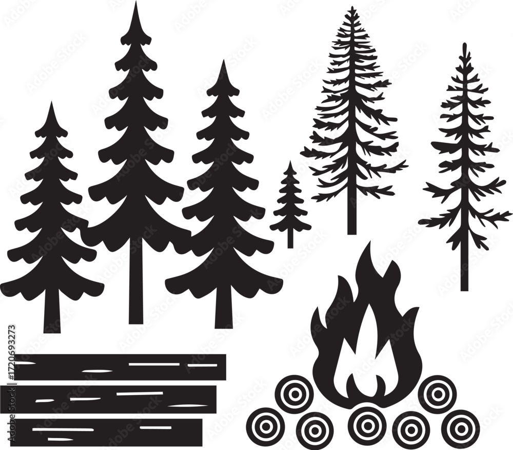Obraz premium Campfire Silhouette in Nature: The illustration presents a campfire with a pile of wood and towering coniferous trees silhouetted against the background, a symbol of wilderness and outdoor adventure.