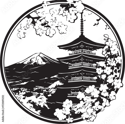 Serene Japanese Landscape: A tranquil black-and-white illustration showcases the iconic Mount Fuji and a traditional pagoda, framed by delicate cherry blossoms in a circular design.