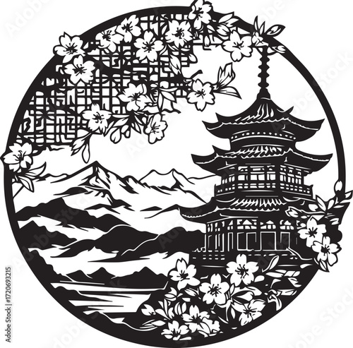 Serene Japanese Temple: A tranquil Japanese pagoda nestled amidst a mountainous landscape, framed by delicate cherry blossoms, representing peace, serenity and the beauty of traditional asian culture.