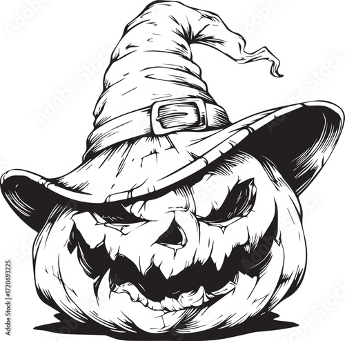 Mysterious Halloween Pumpkin with a Witch Hat: This captivating black and white illustration embodies the spirit of Halloween with a grinning pumpkin wearing a pointed witch hat.