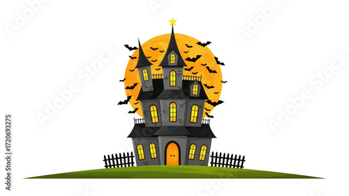 Spooky Haunted House with Bat and Orange Full Moon: A spooky cartoon haunted house silhouette, with silhouettes of bats against an orange full moon background. evoking the magic of Halloween.