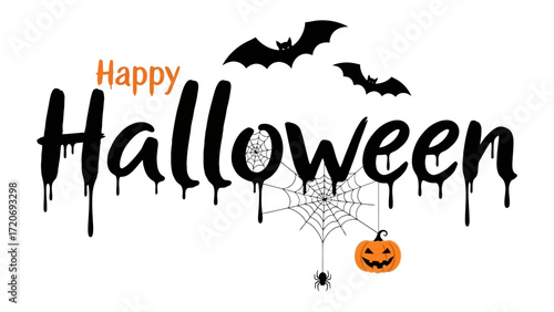 Halloween Greeting: A chillingly creative Happy Halloween banner with a cobweb, bats, and jack-o'-lantern, celebrating the spooktacular season. 