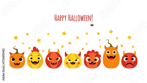 Happy Halloween Monster Parade: Adorable and quirky monster illustrations line up for a festive Halloween parade, showcasing their unique personalities and the spirit of the season.  