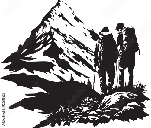 Journey to the Summit: Two hikers stand before a majestic mountain peak, their silhouettes against the sky, embodying the spirit of exploration, challenge and adventure.