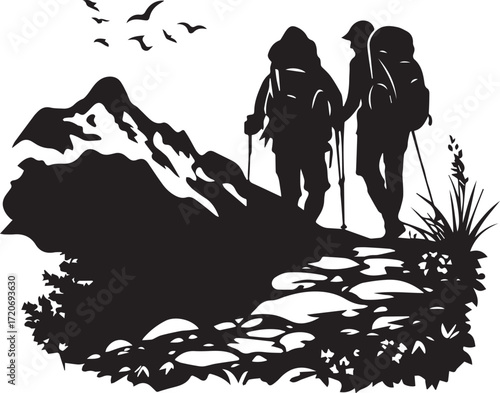 Mountain Ascent Silhouette: Two hikers navigate a rugged mountain trail, their silhouettes against a backdrop of majestic peaks and soaring birds.
