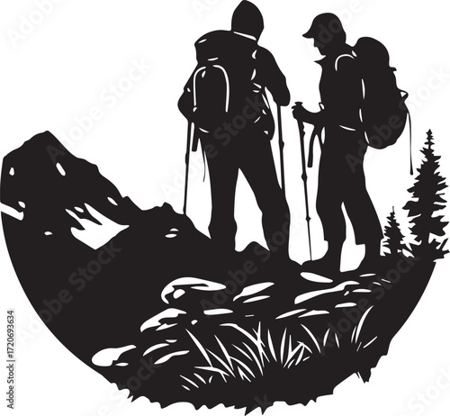 Silhouette of Hikers Exploring a Rugged Landscape: Two determined hikers, silhouetted against the breathtaking panorama, venture across challenging terrains, their backpacks laden with essential gear.