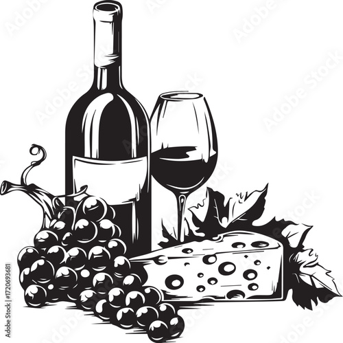 Wine and Dine: A striking still life composition showcases a bottle of exquisite wine, a crystal wine glass, a ripe cluster of grapes, and a tempting slice of cheese.