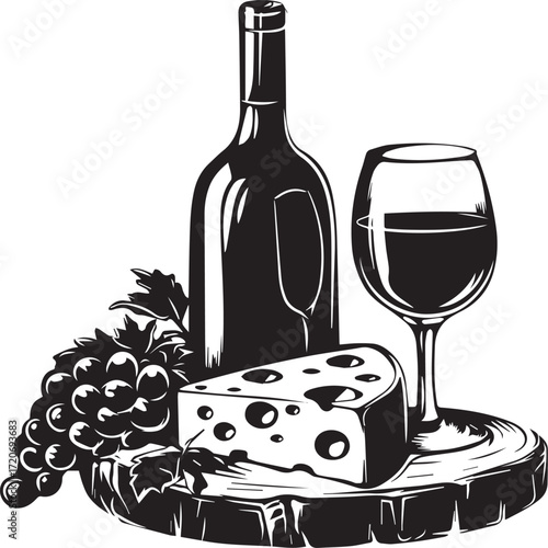 Wine and Dine: A classic monochrome arrangement showcasing a bottle of wine, a filled glass, a wedge of cheese, and a bunch of grapes on a wooden board.
