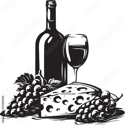 Wine, Cheese, and Grapes still life: a timeless illustration showcasing the classic pairing of fine wine with cheese and grapes, perfect for conveying a sense of luxury, culinary enjoyment.