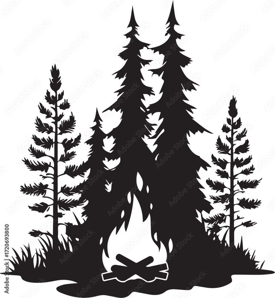 Obraz premium Campfire Silhouette: A dramatic silhouette showcases a vibrant campfire scene, encircled by majestic pine trees, evoking the spirit of outdoor adventures and serene evenings.