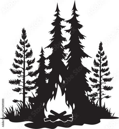 Campfire Silhouette: A dramatic silhouette showcases a vibrant campfire scene, encircled by majestic pine trees, evoking the spirit of outdoor adventures and serene evenings.