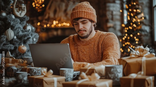Young man wearing a knitted hat and sweater working on his laptop during the christmas holidays surrounded by gifts and festive decorations