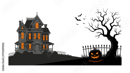 Spooky Halloween House: A haunting Halloween scene depicts a creepy haunted house with glowing windows, a grinning jack-o'-lantern, bats soaring across the night sky.