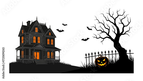 Spooky Halloween House: Silhouette of a creepy haunted house with carved jack-o'-lantern and ominous silhouettes, creates a perfect Halloween scene.