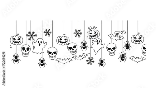 Spooky Halloween Decorations: Line drawing of various spooky Halloween decorations, with cheerful pumpkins, playful ghosts, and grinning skulls hanging.