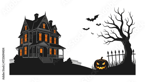 Spooky Halloween Mansion Silhouette: Capturing the essence of Halloween with a mysterious haunted house silhouette, featuring a menacing jack-o'-lantern and ominous bare tree under a moonlit sky.