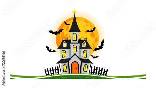 Spooky House on Halloween Night: A bewitching image of a haunted house standing dramatically against a big moon, with bats swarming, conjuring eerie atmosphere. Perfect for seasonal themes.