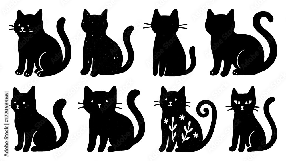 Fototapeta premium PNG Silhouette cats vector collection, element set on transparent background