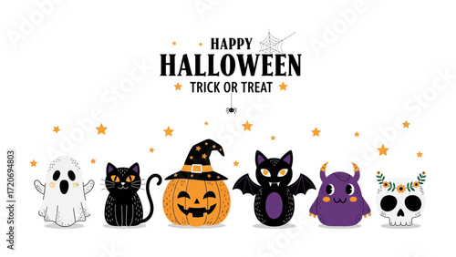 Halloween Fun: A delightful array of cute Halloween characters, set against a whimsical backdrop, invites you to experience the magic of a spooky holiday.