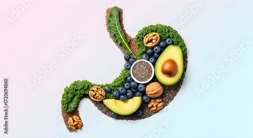A creative depiction of a stomach formed from healthy food items, promoting wellness.