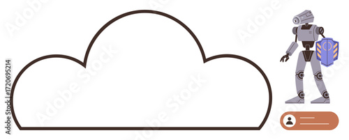 Cloud outline paired with a futuristic robot holding a shield symbolizing digital safety. Ideal for cybersecurity, cloud computing, data protection, innovation, technology, artificial intelligence
