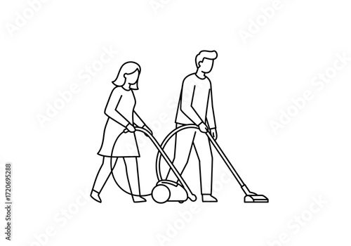 Couple vacuuming together in minimalist style line drawing  