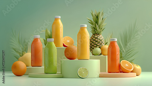 Colorful Fresh Juice Bottles with Fruits