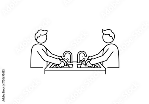 Two men washing dishes at sink in minimal line art style  
